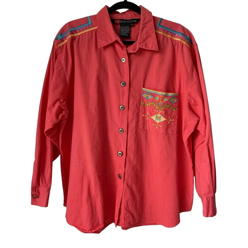Vtg IB Diffusion Womens Western Shirt Plus 22W Coral Colorful Embroidery Cowgirl
